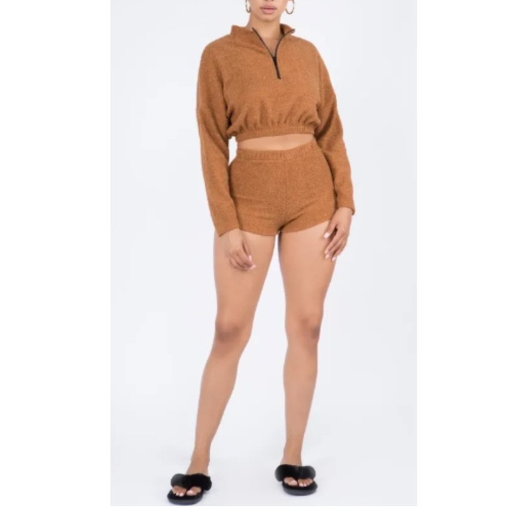 NWT Brown Long Sleeves Quarter Zip Teddy Bear 2 Piece